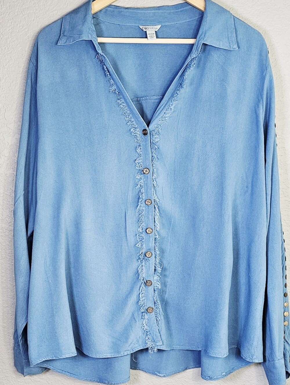Cato EST. 1946 Blue Rayon Fringe Button Front Stud Sleeve Blouse Plus 18/20W